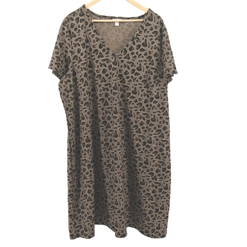 Cato 26/28W Leopard Print Midi Dress Brown Black‎ V Neck T Shirt Dress Plus Size